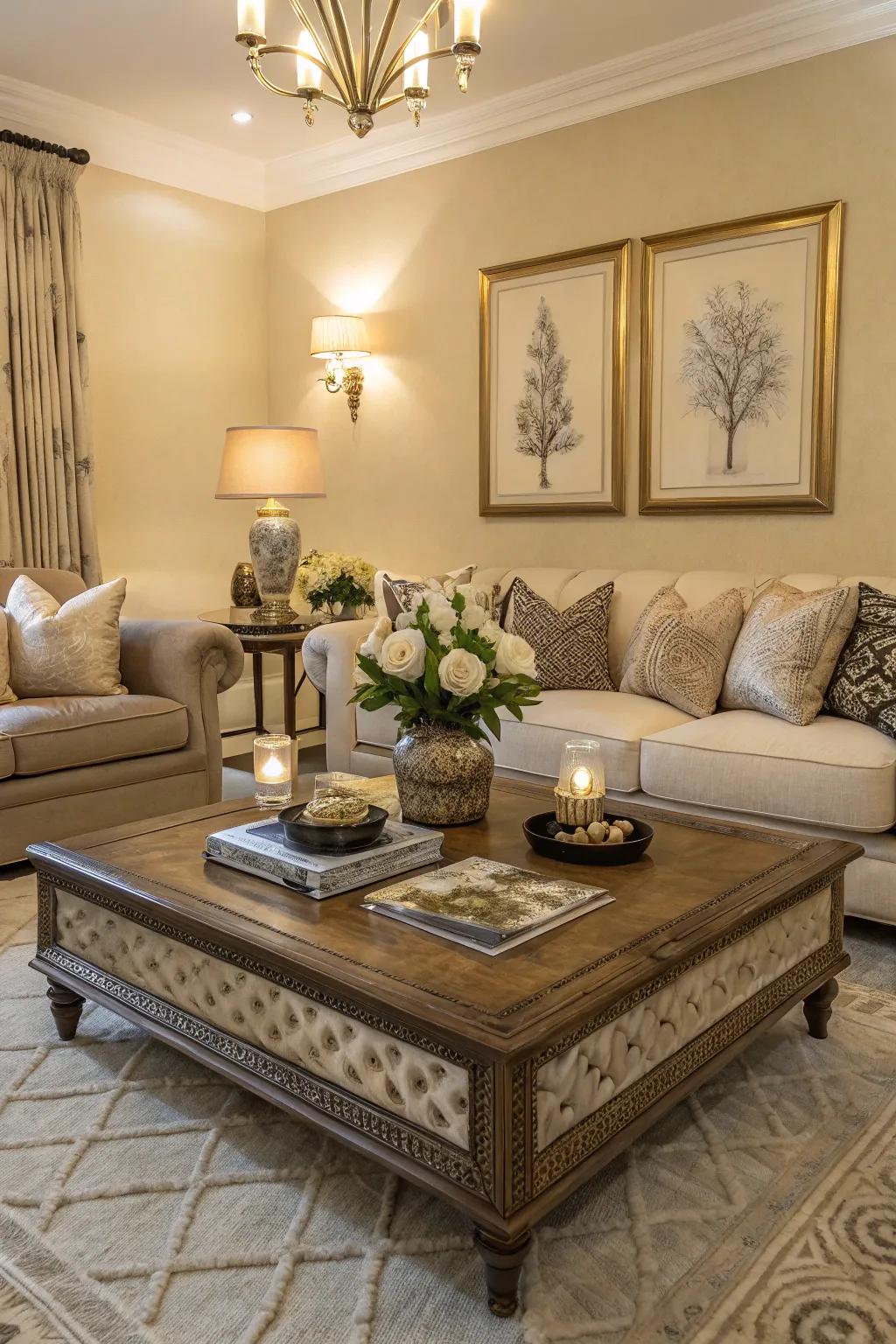 A chic living room centered around a statement coffee table.