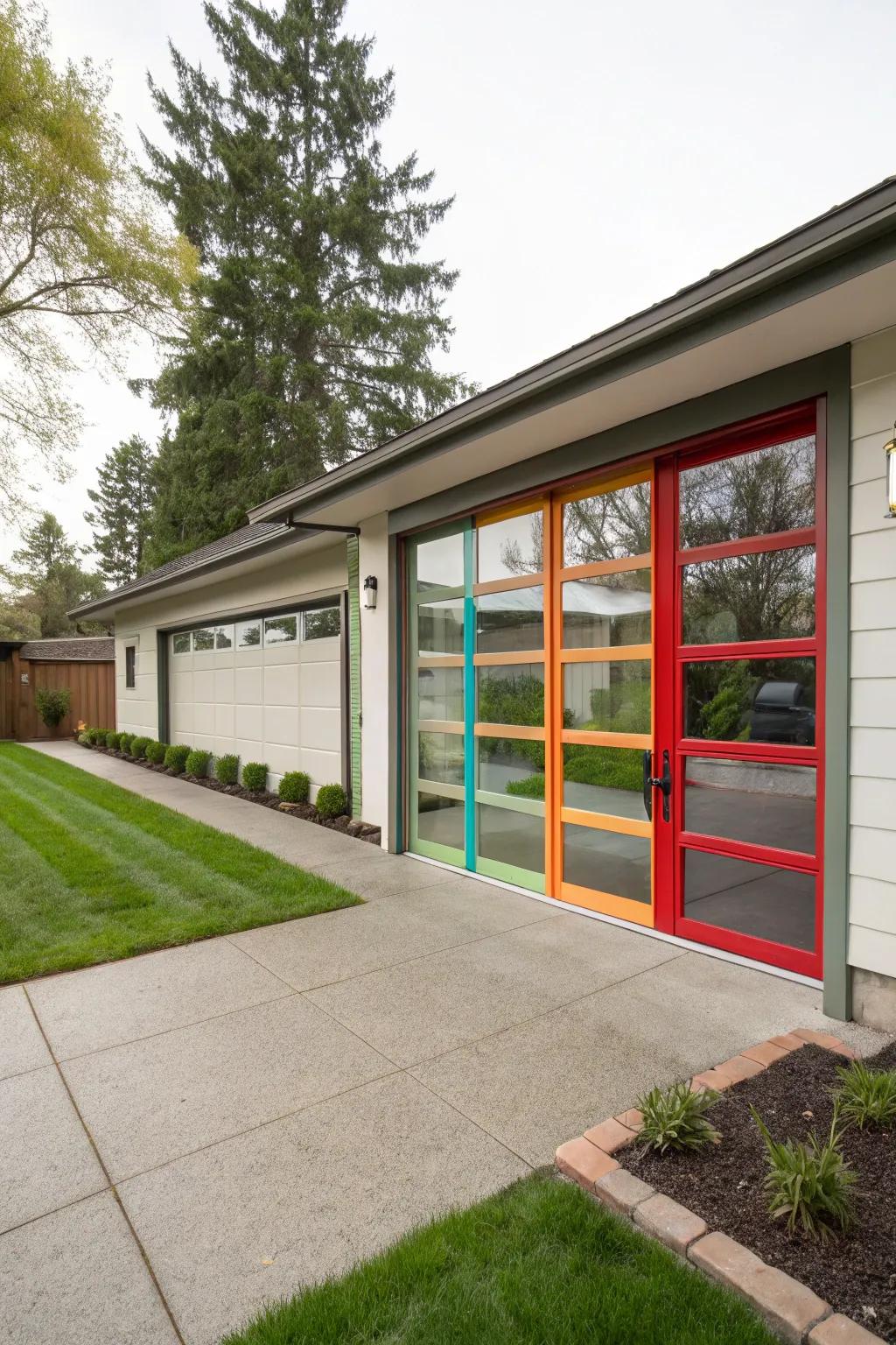 A bold home design with a colorful glass garage door frame.