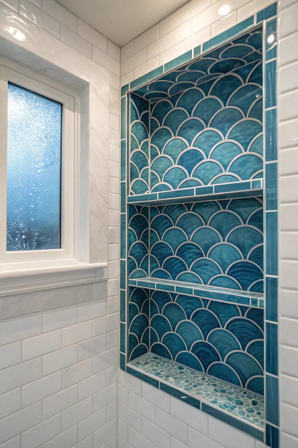 Nautical-themed glass tiles bring a seaside feel to any space.