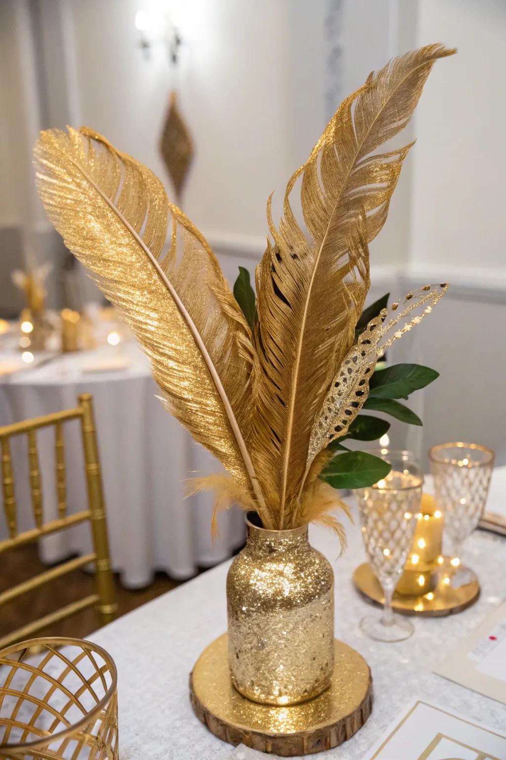 Gold feathers add an unexpected and stylish element to the decor.