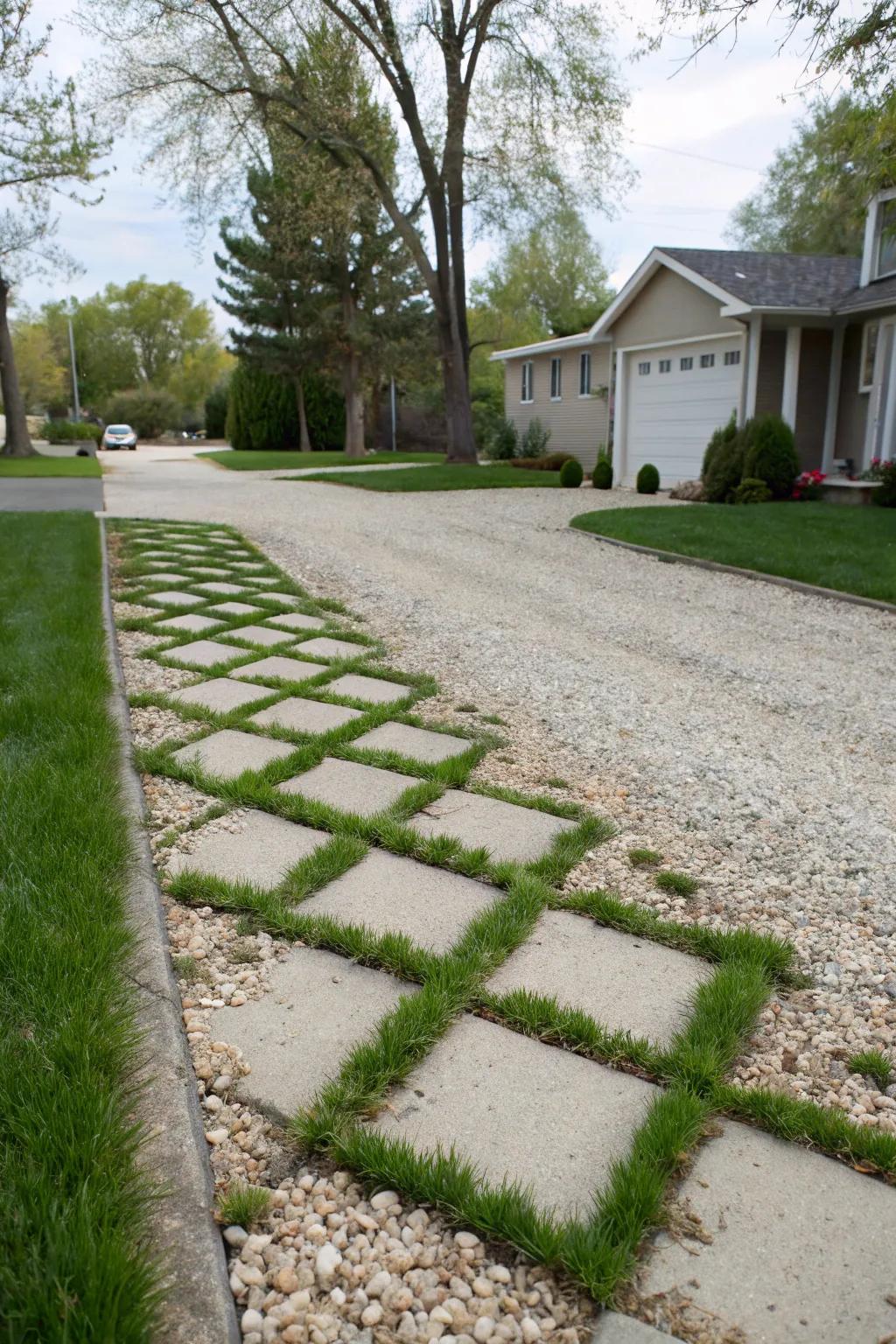 Grass paver edging merges driveway with vibrant greenery.