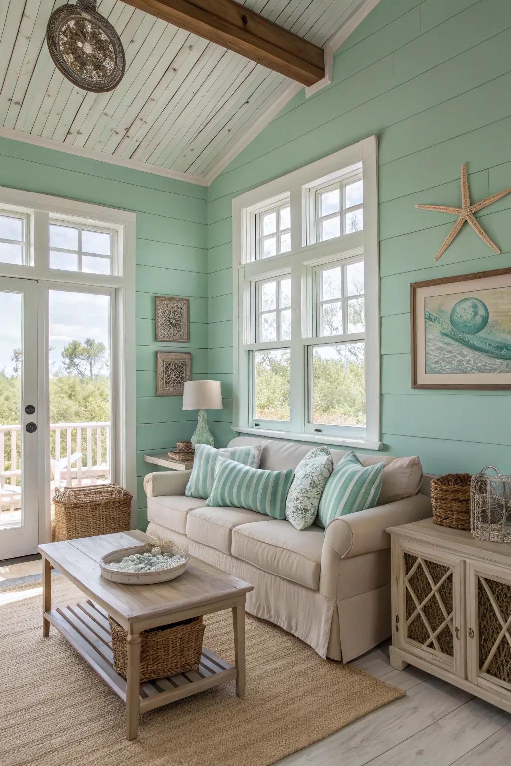 Seafoam green walls evoke breezy coastal vibes.