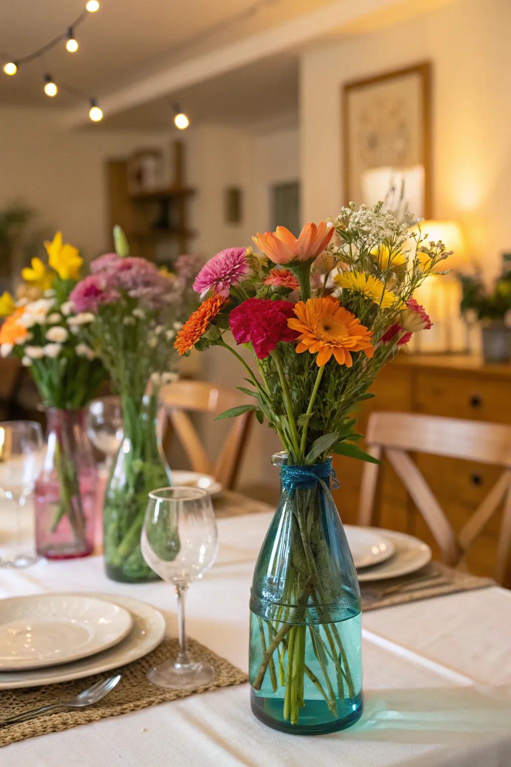 A dining table featuring colorful recycled glass vases.