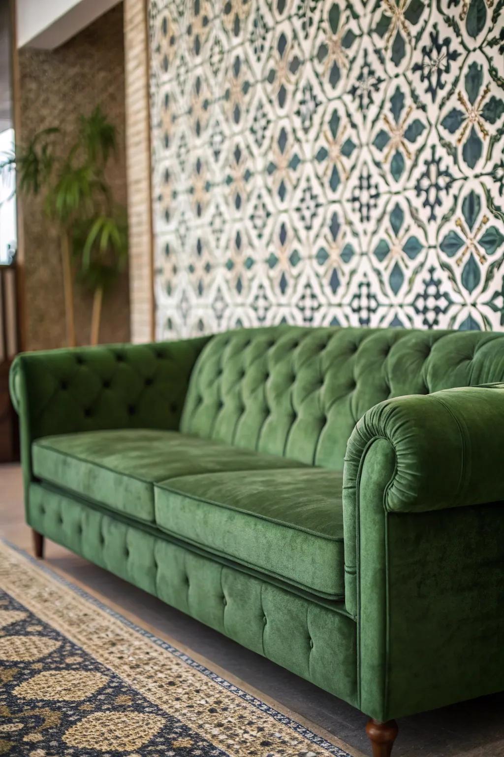 A bold living room with a green velvet couch and a feature wall.