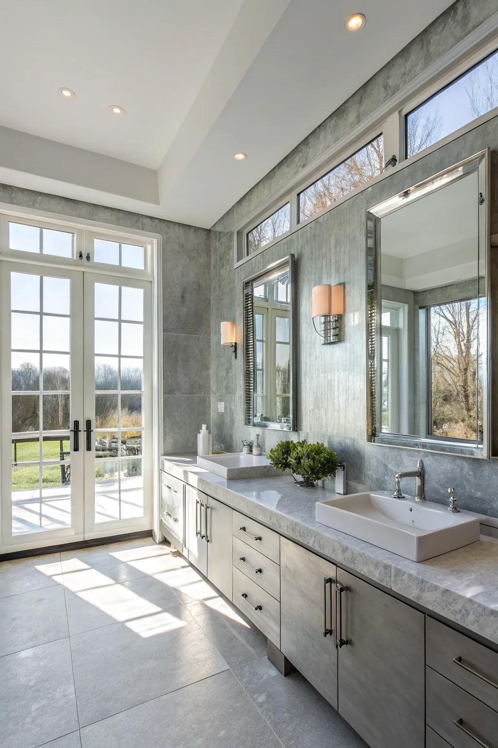 Silver grey walls reflect light beautifully, making this bathroom feel more open.