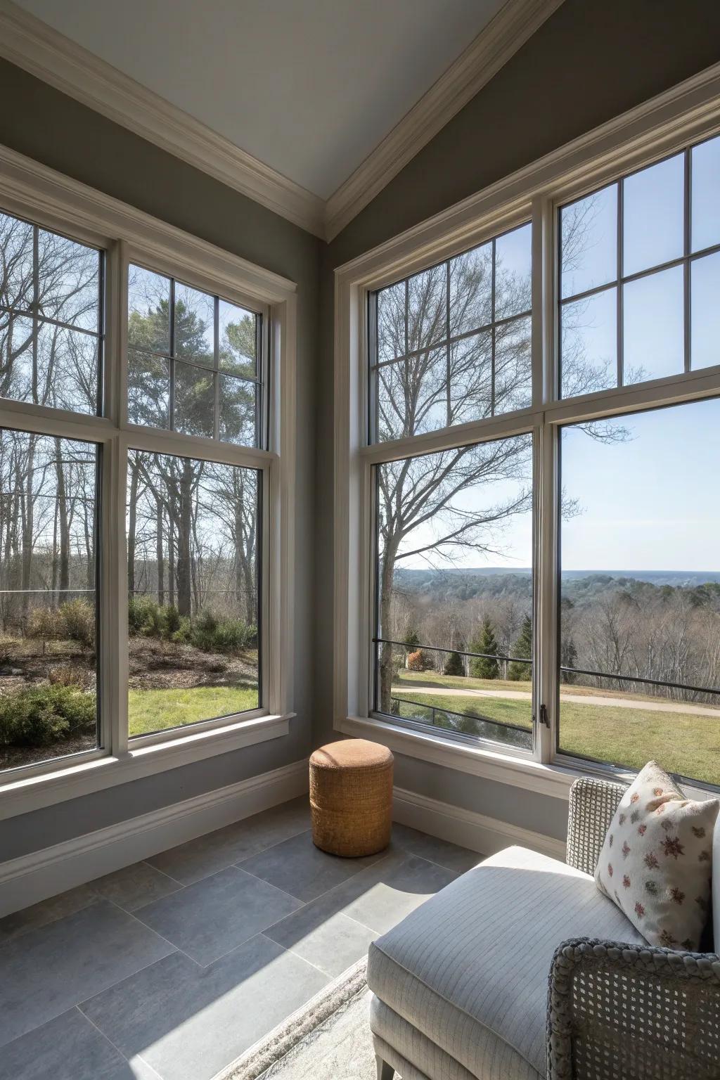 Large windows bring the outdoors into this grey room.