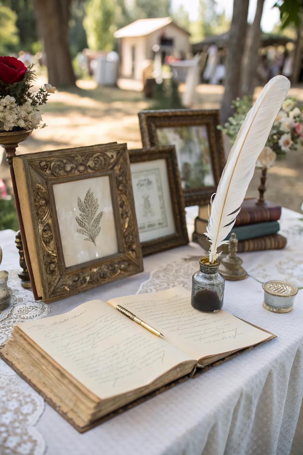 Antique decor adds a timeless charm to the guest book table.