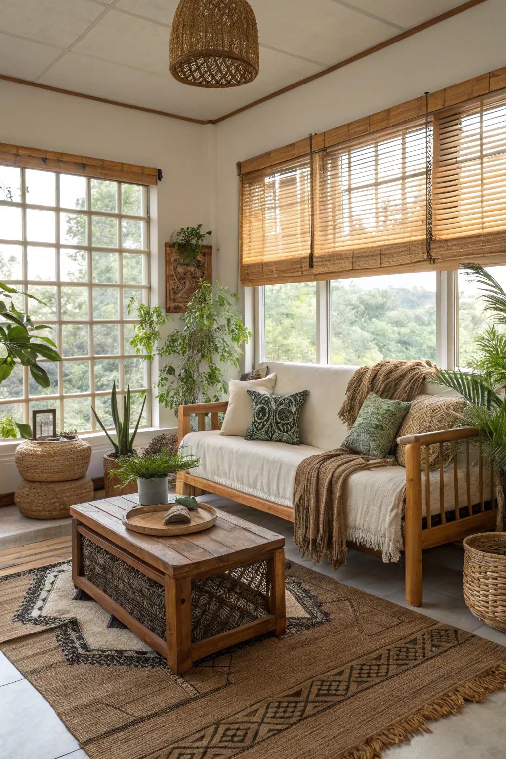 Sustainable living room with faux wood blinds.