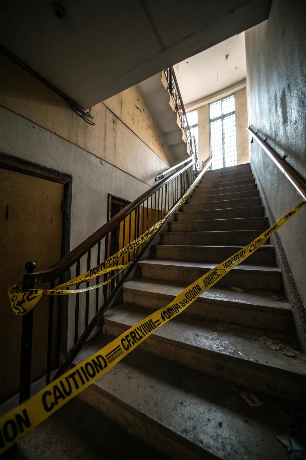 A stairway wrapped in caution tape for a spooky entrance.