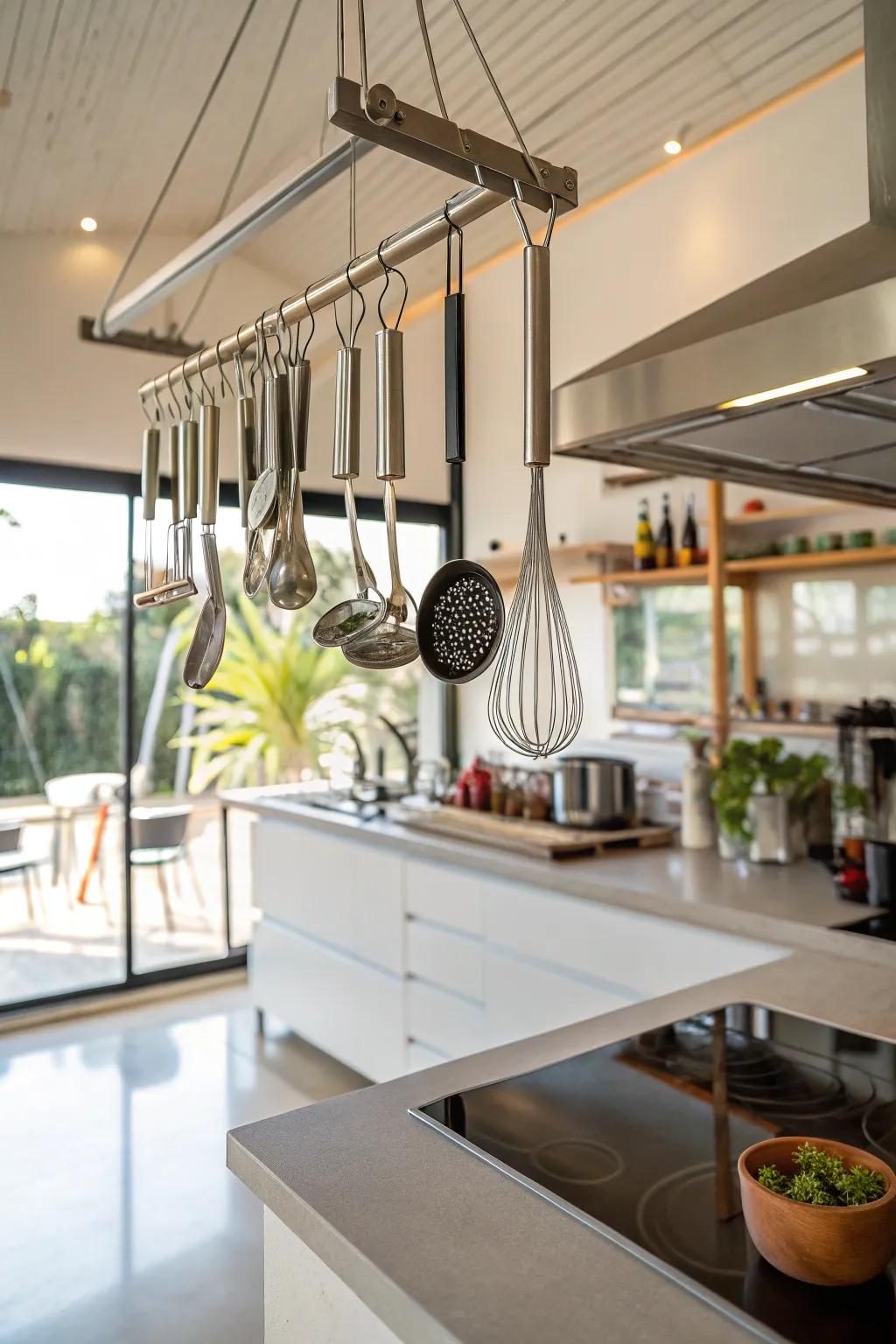 Enhance kitchen efficiency with a suspended utensil bar.