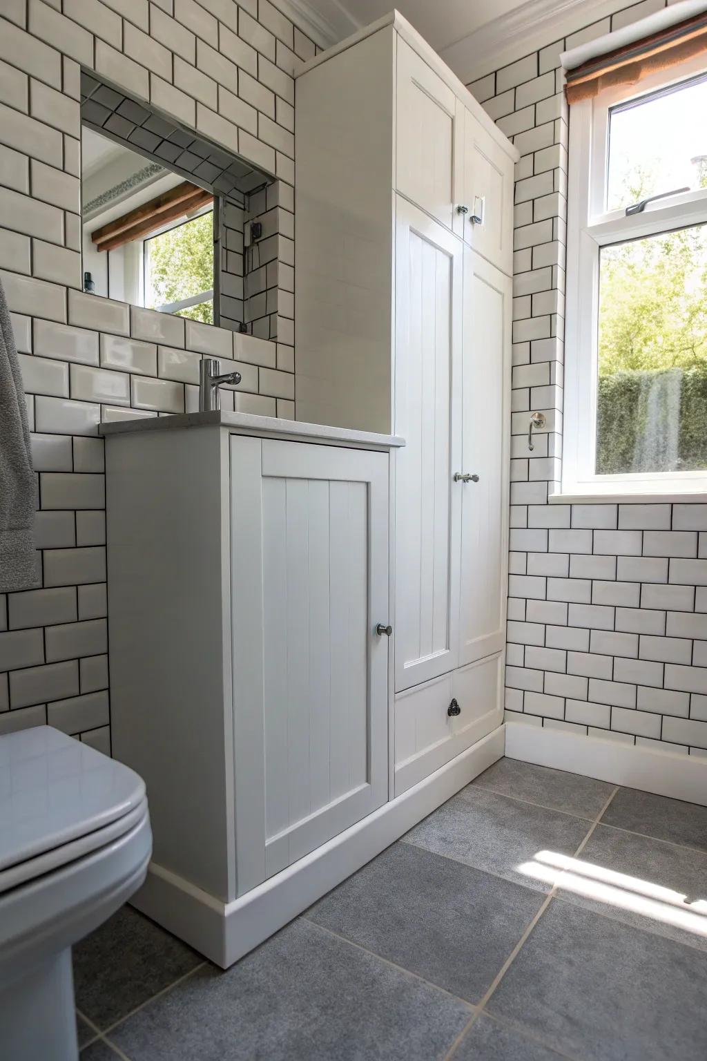 Tiles cleverly hiding a medicine cabinet in a seamless design.