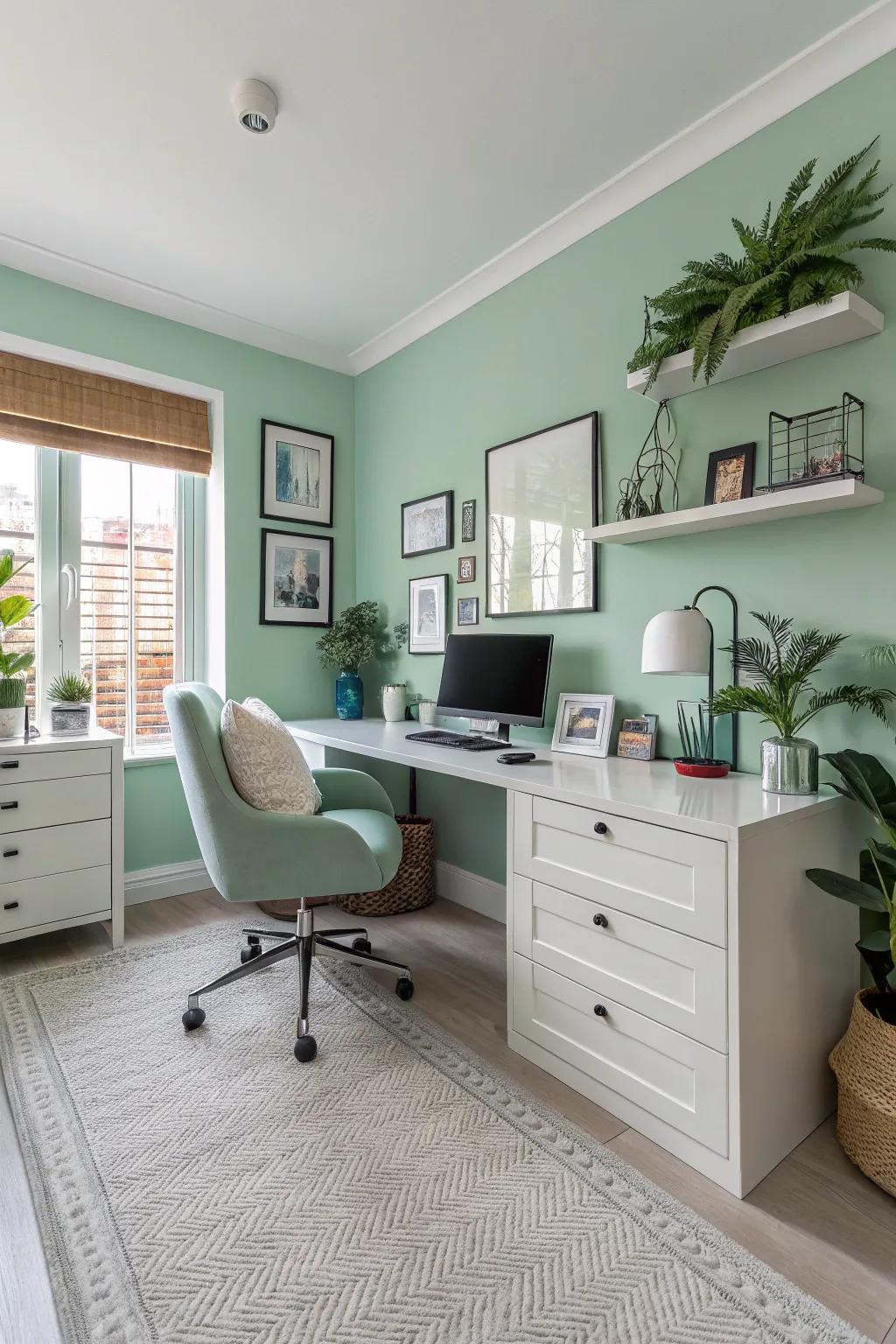 Mint walls create a refreshing and invigorating atmosphere in this modern home office.