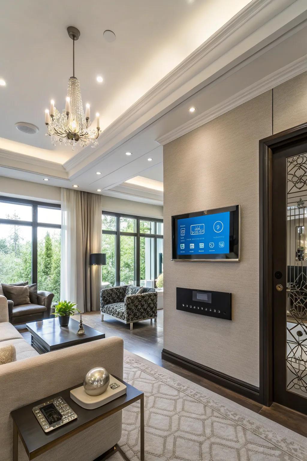 A living room equipped with smart home features for added convenience.