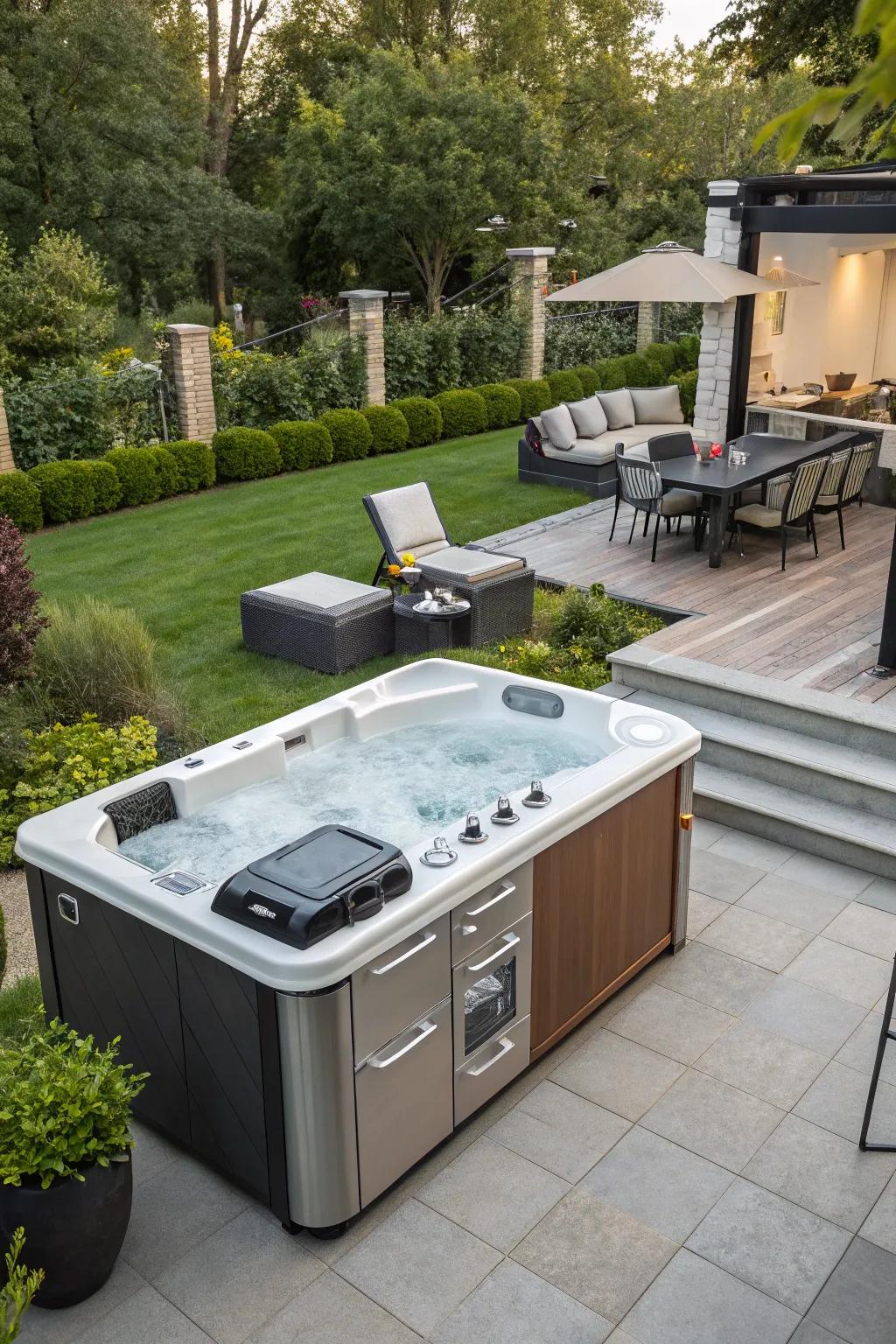 An outdoor kitchen adds convenience and luxury to your hot tub experience.