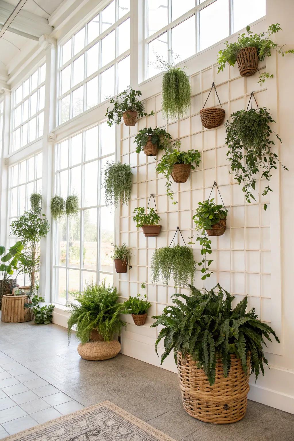 Hanging plants add life and freshness to large walls.