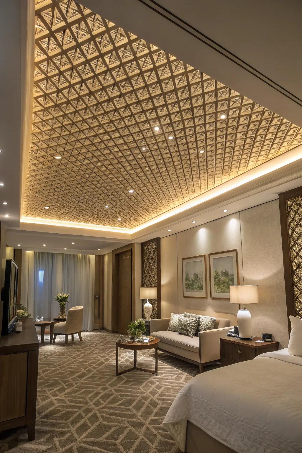 A stylish room featuring a textured lattice design on the ceiling.