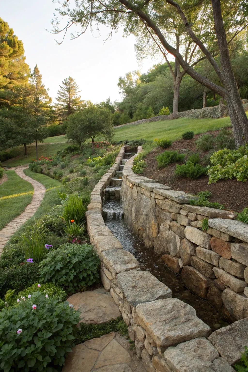 Retaining walls manage water and create garden opportunities.