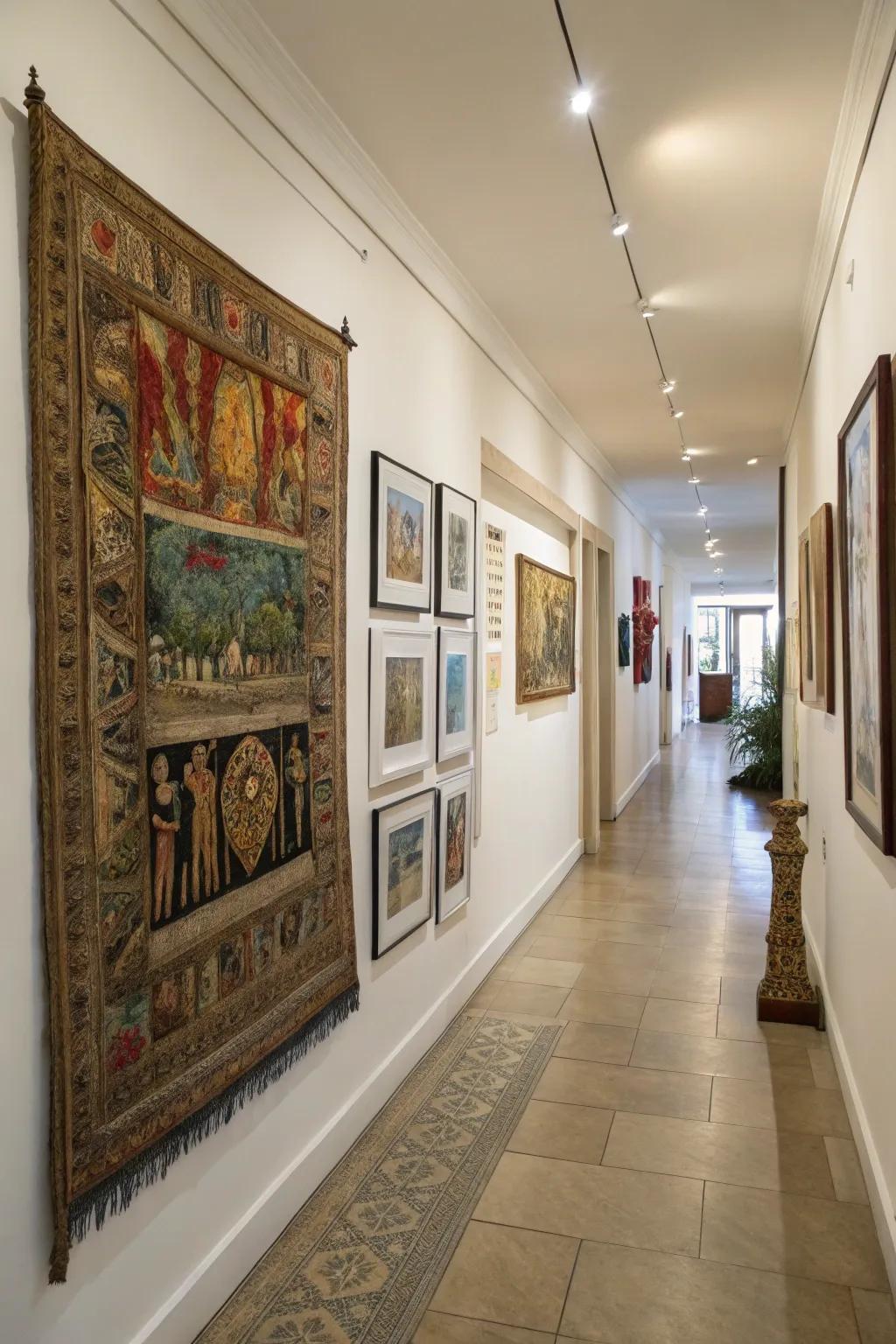 A gallery wall with a tapestry adds artistic flair.