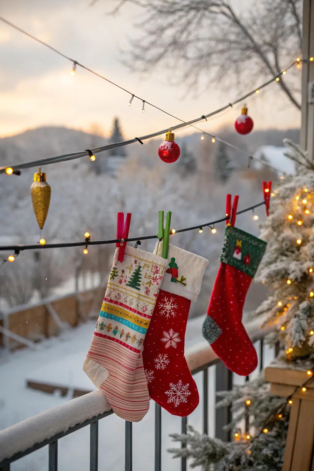 A washing line setup adds a whimsical and playful element to stocking displays.