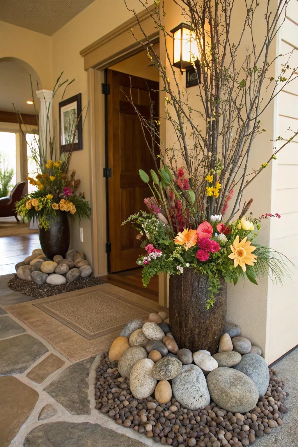 An artistic arrangement combining flowers with stones and branches.