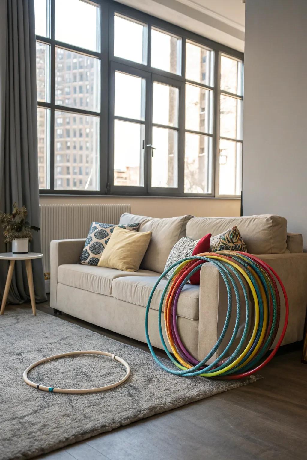 Hula hoops tucked behind a sofa, cleverly hidden yet easily reachable.