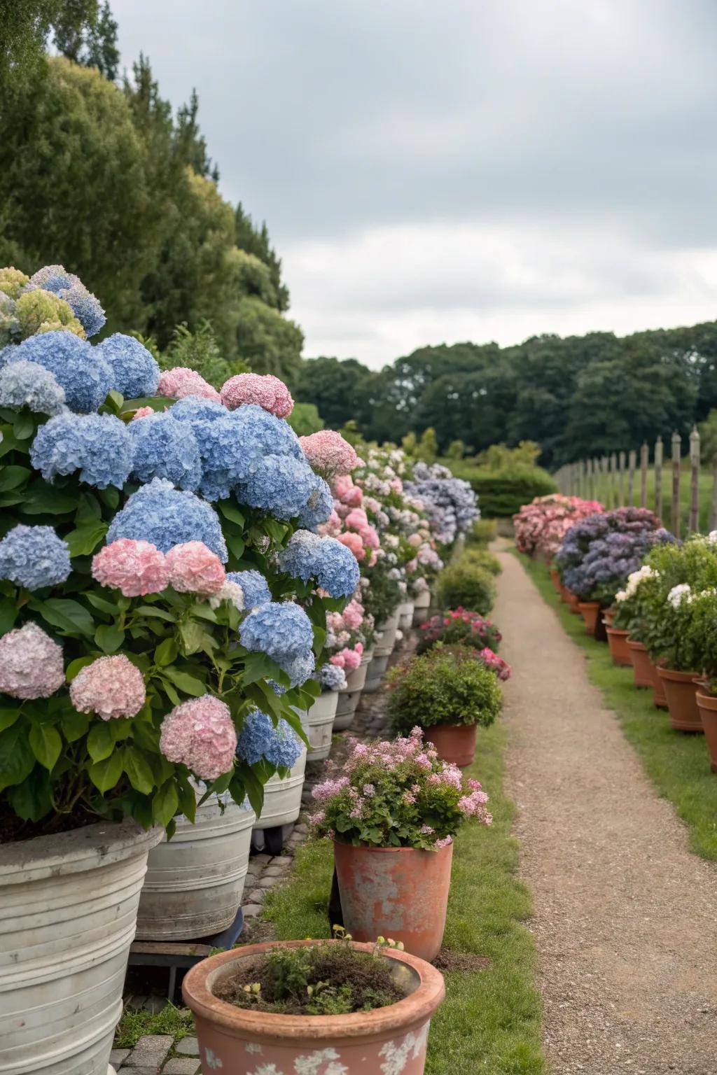 Layered arrangement of hydrangeas creating a dynamic garden display.