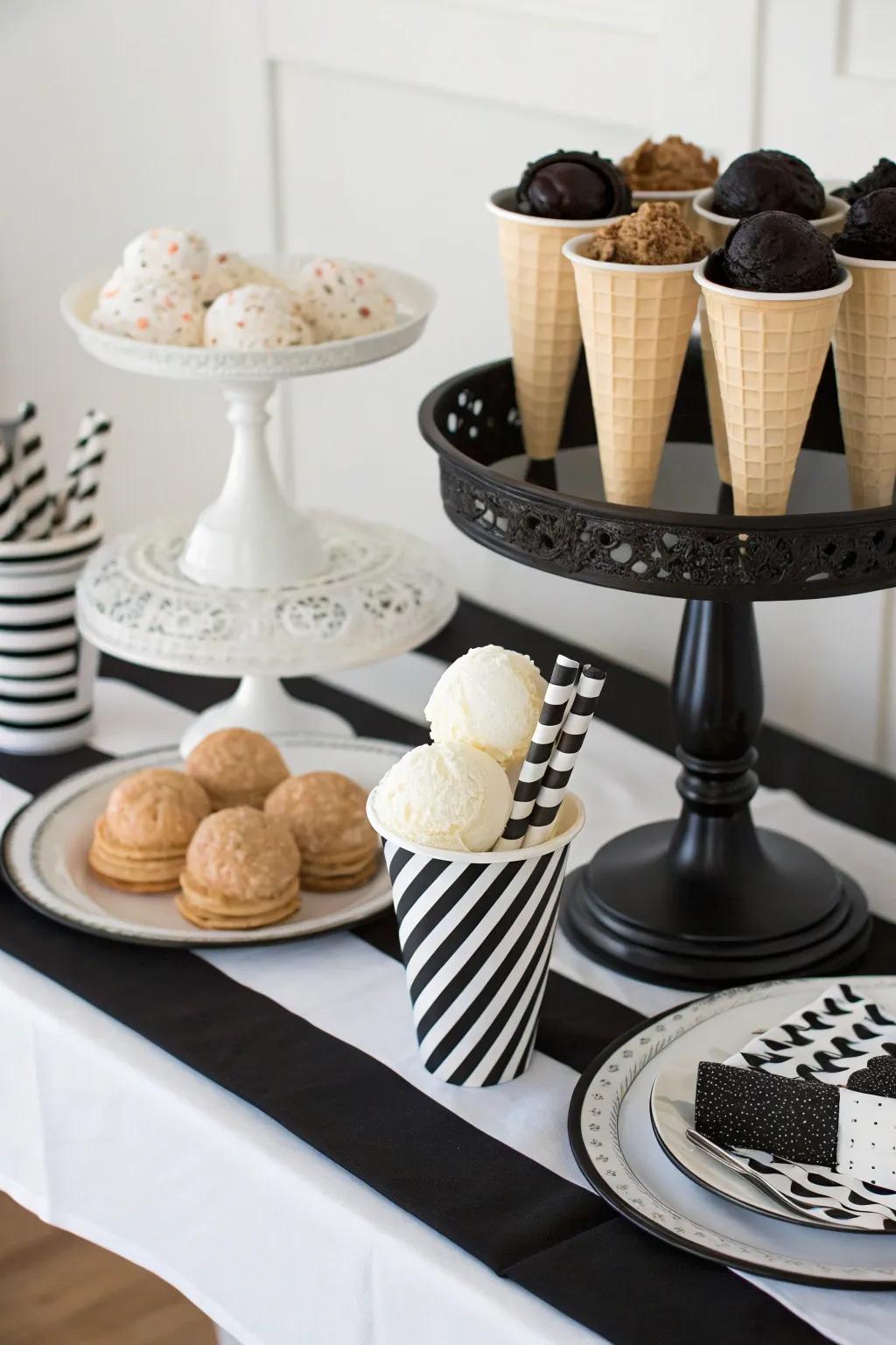 A chic monochrome ice cream table that makes a bold statement.