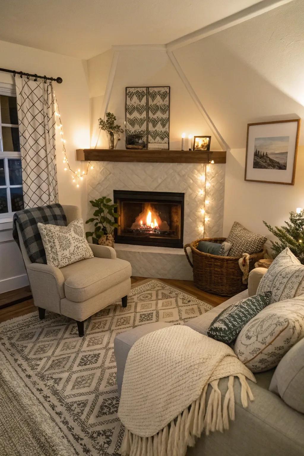 A small living room featuring a corner fireplace with a cozy seating arrangement.