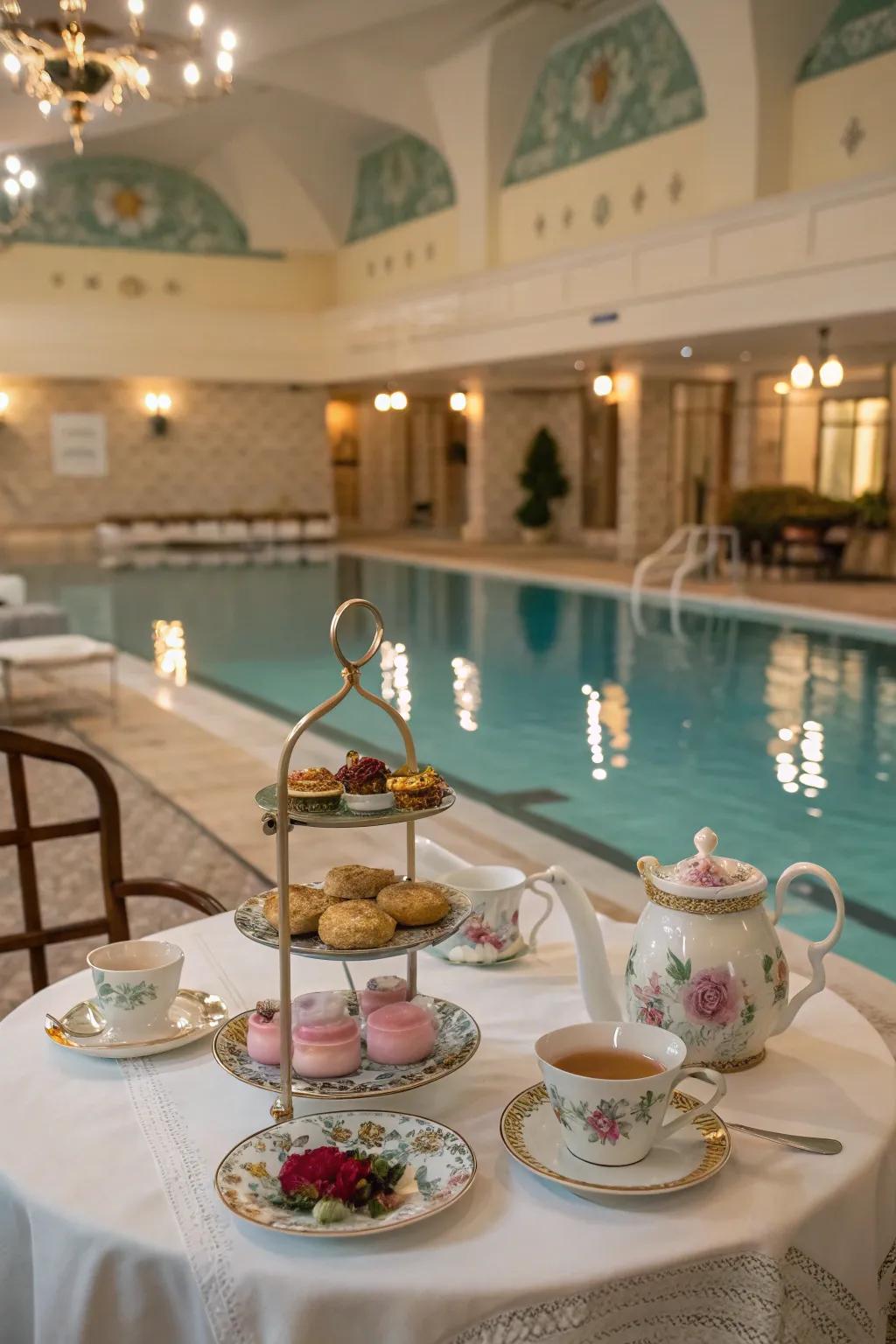 Enjoy an elegant tea party by the pool with vintage charm and sweet treats.