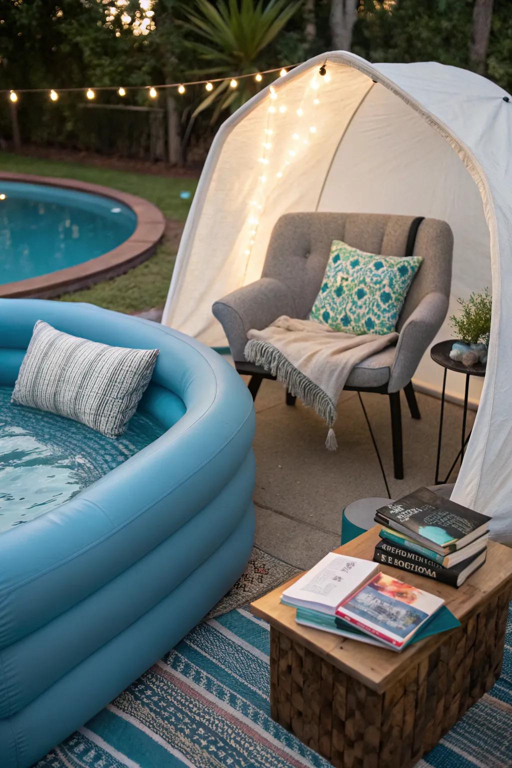 A peaceful reading nook by the poolside.