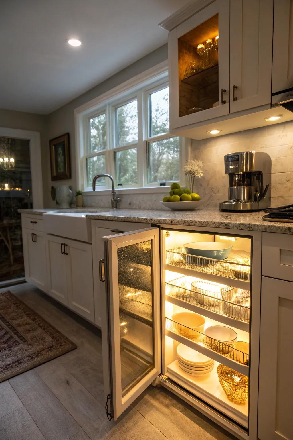 Motion-sensor lights under cabinets brighten up dark spaces.