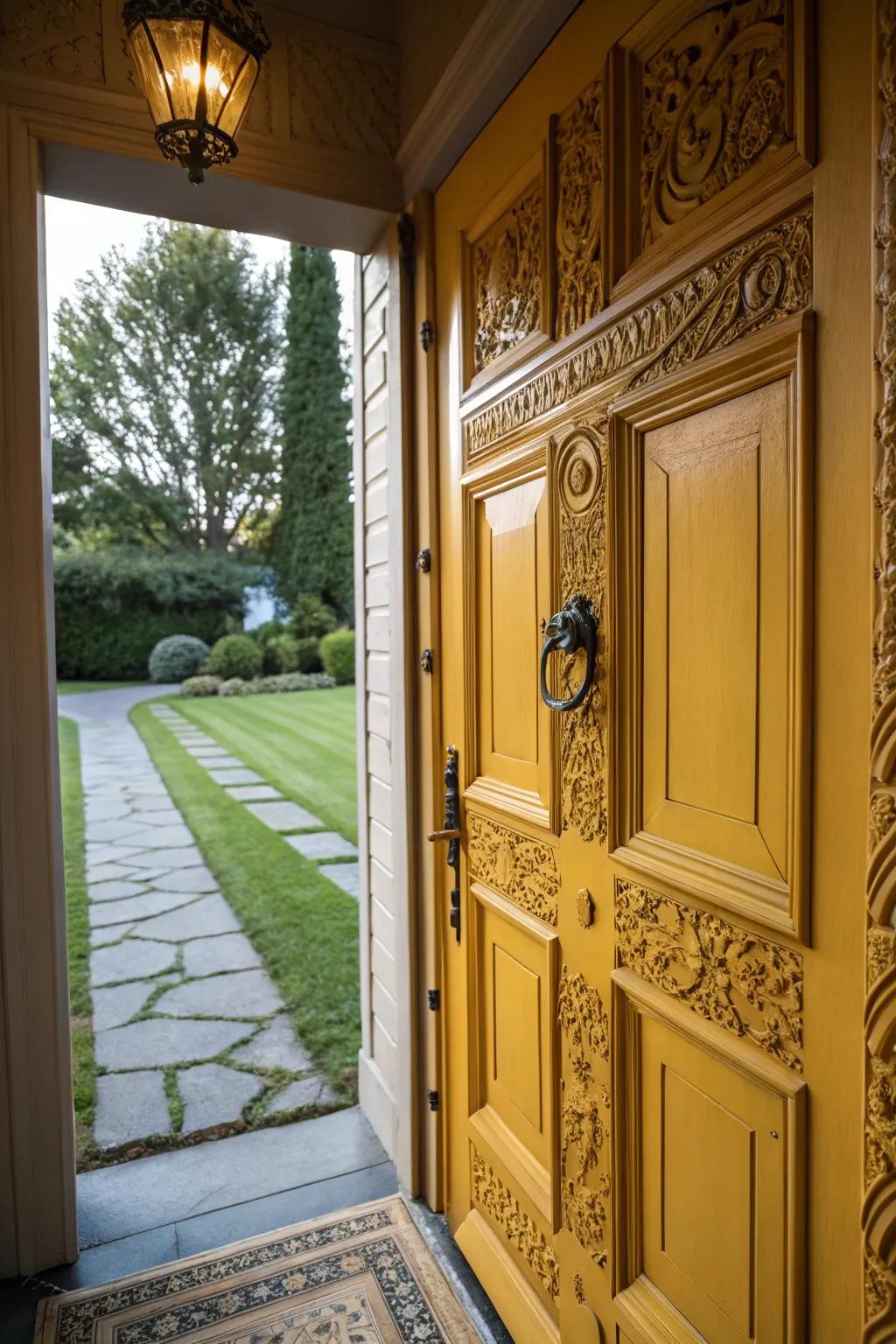 A mustard yellow door creating a warm and inviting entryway.