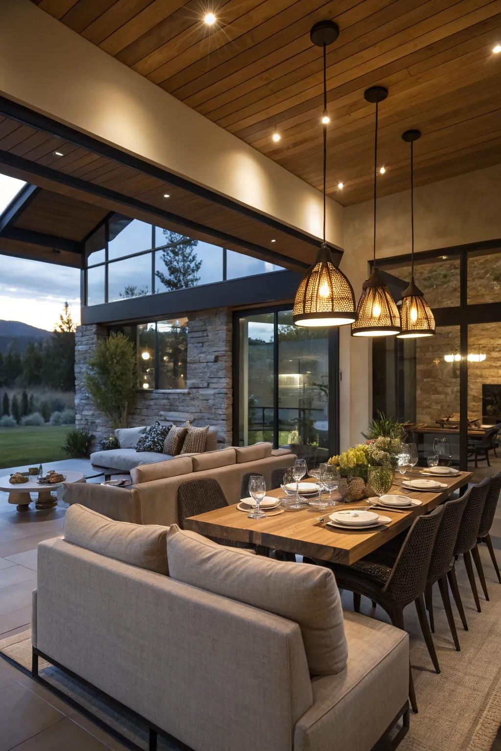 Integrated lighting in an open-concept living and dining area.