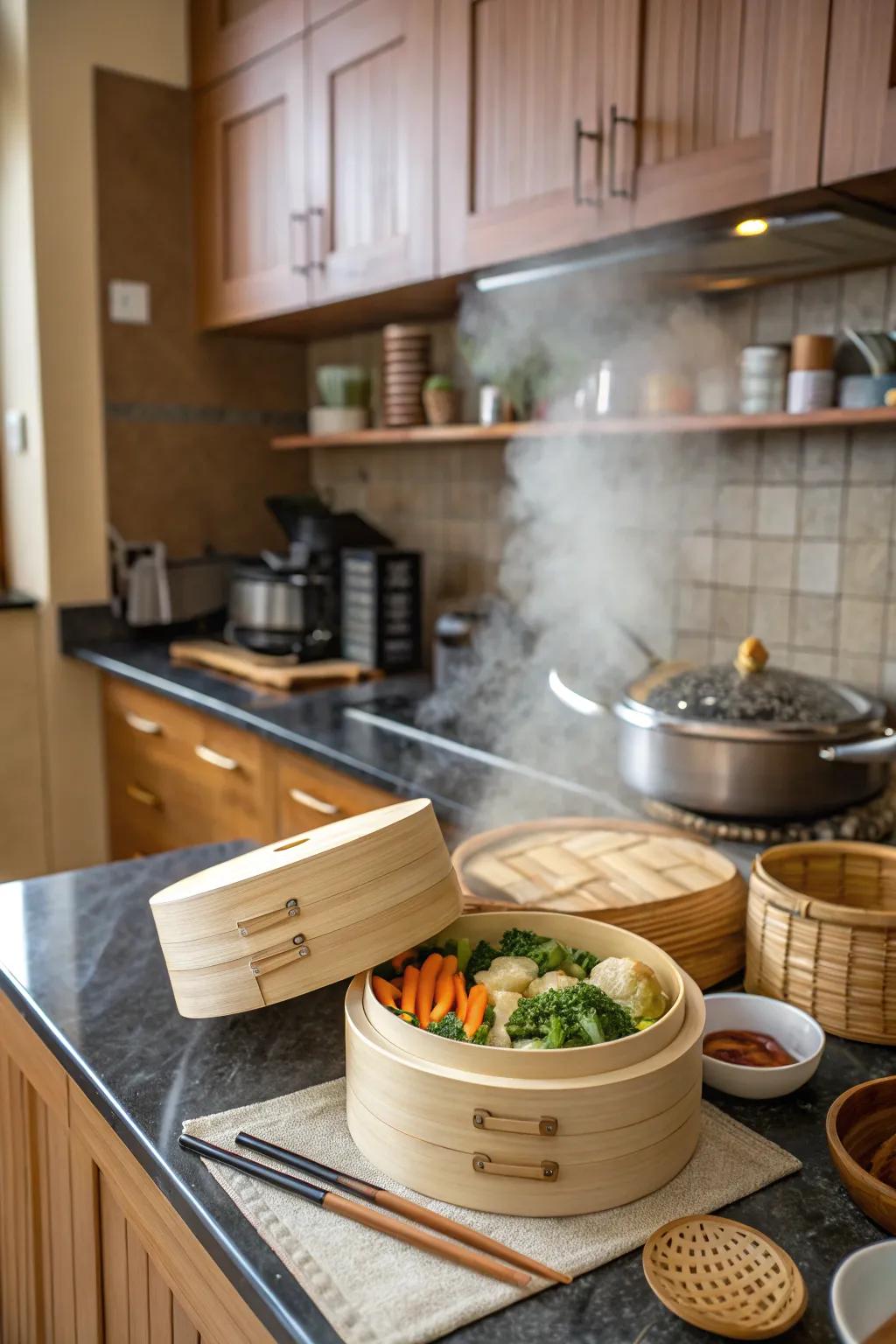 A bamboo steamer is essential for traditional Japanese cooking.