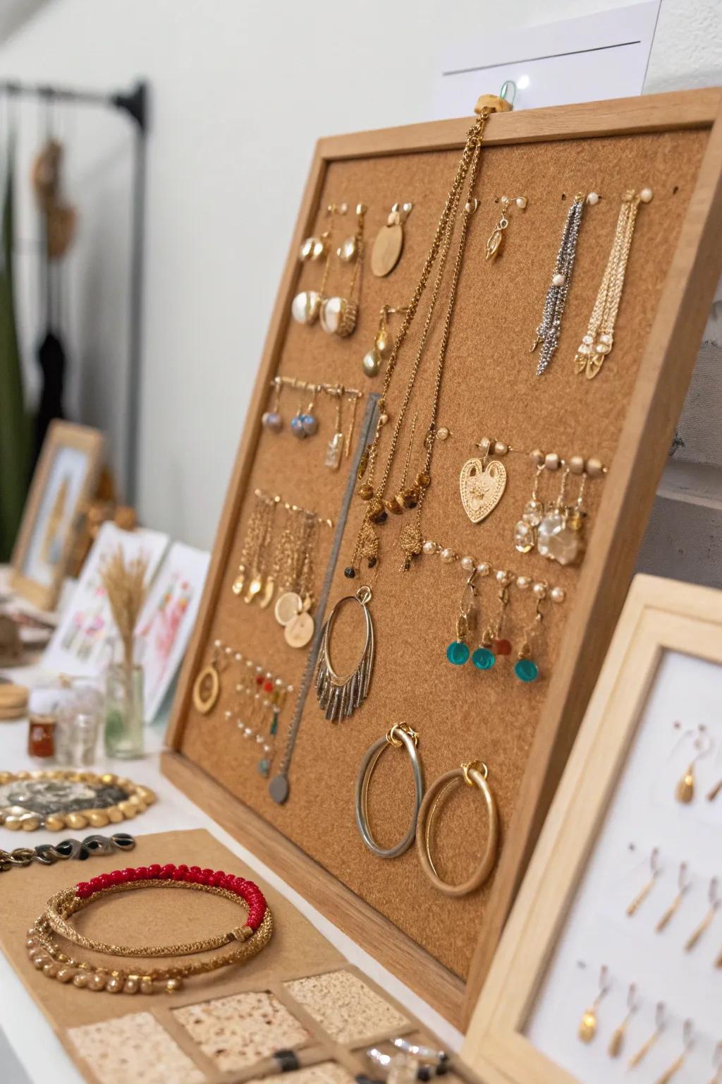 Crafty cork board jewelry display