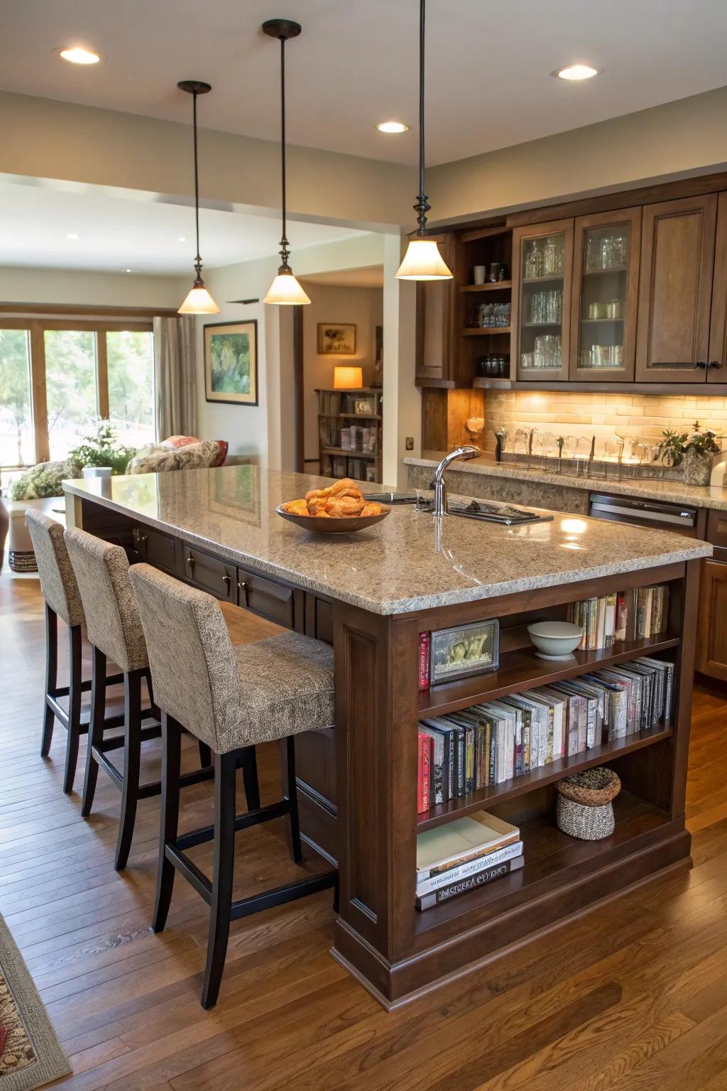 Integrated seating transforms this kitchen island into a social hub, perfect for gatherings.