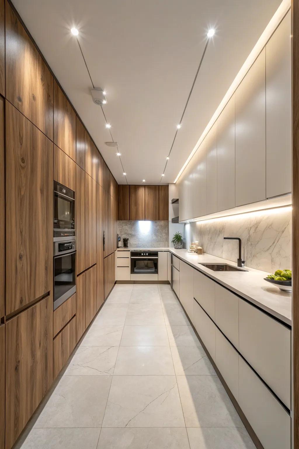 Seamless paneling creates a cohesive and immersive kitchen.