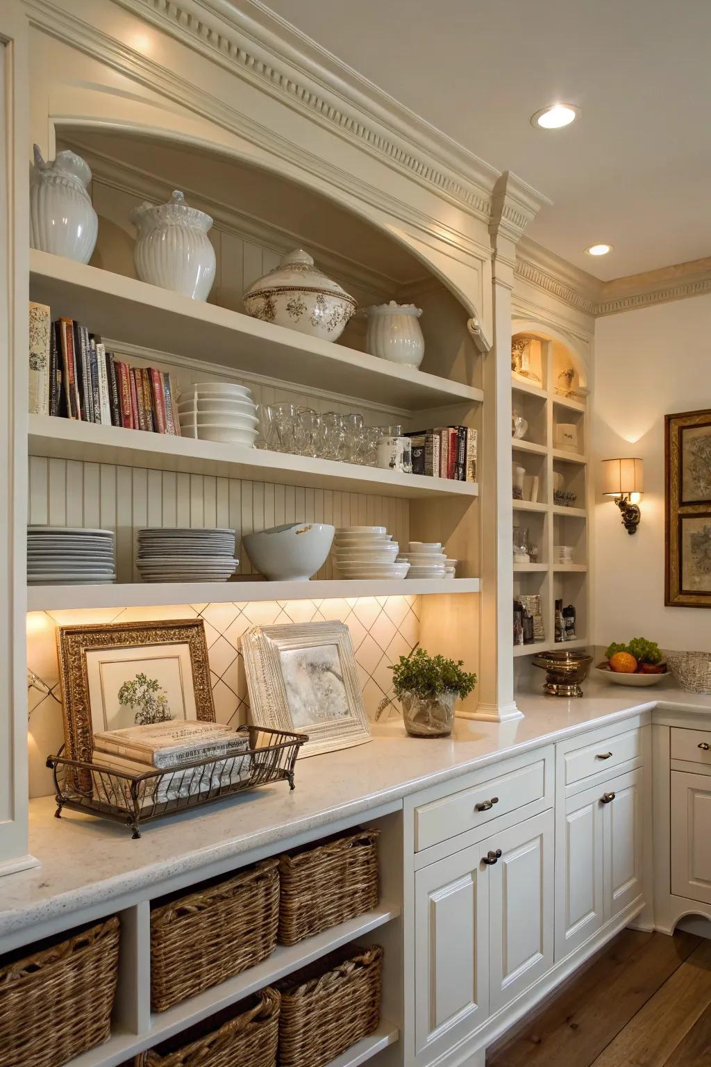 Traditional shelving with crown molding adds a touch of timeless elegance to the kitchen.