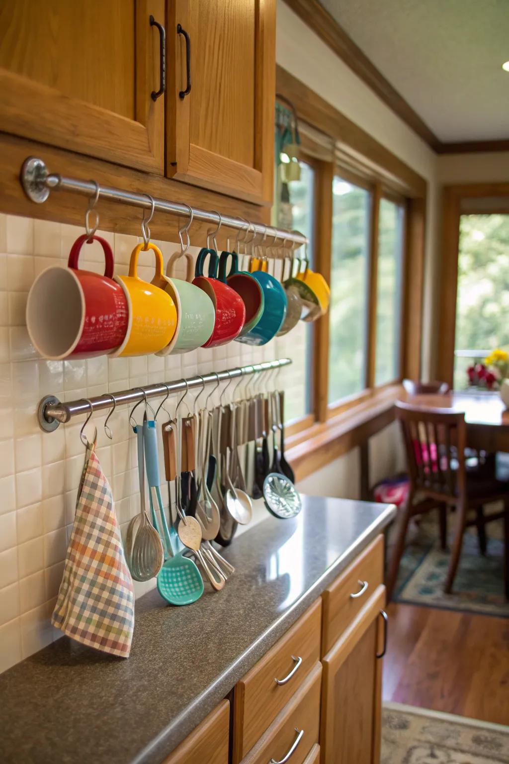 A kitchen featuring a peg rail for stylish and practical storage.