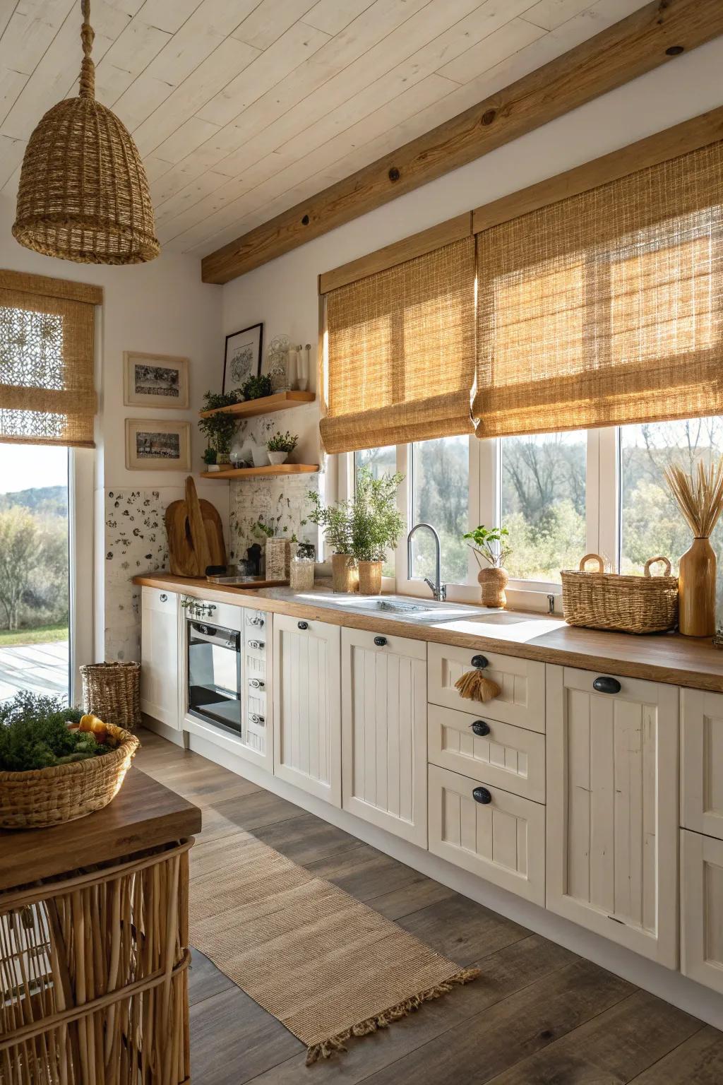 Rattan shades provide texture and a rustic touch to kitchens.