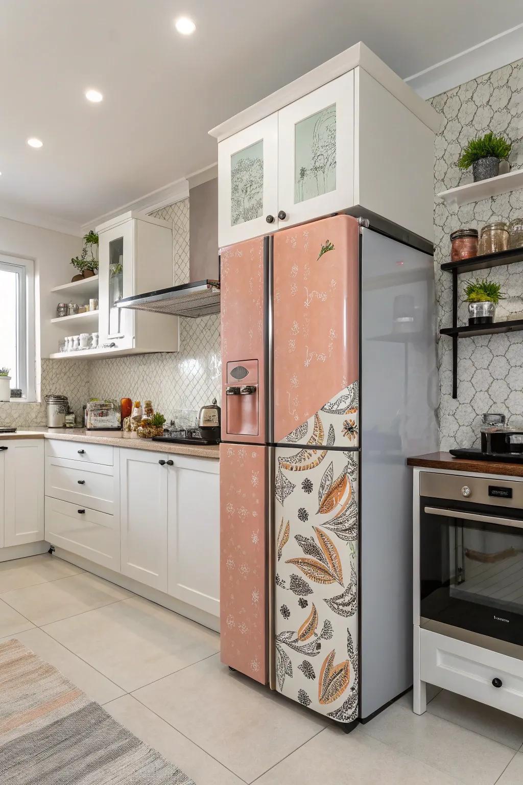 A statement fridge in a unique finish, serving as a stylish focal point in the kitchen.