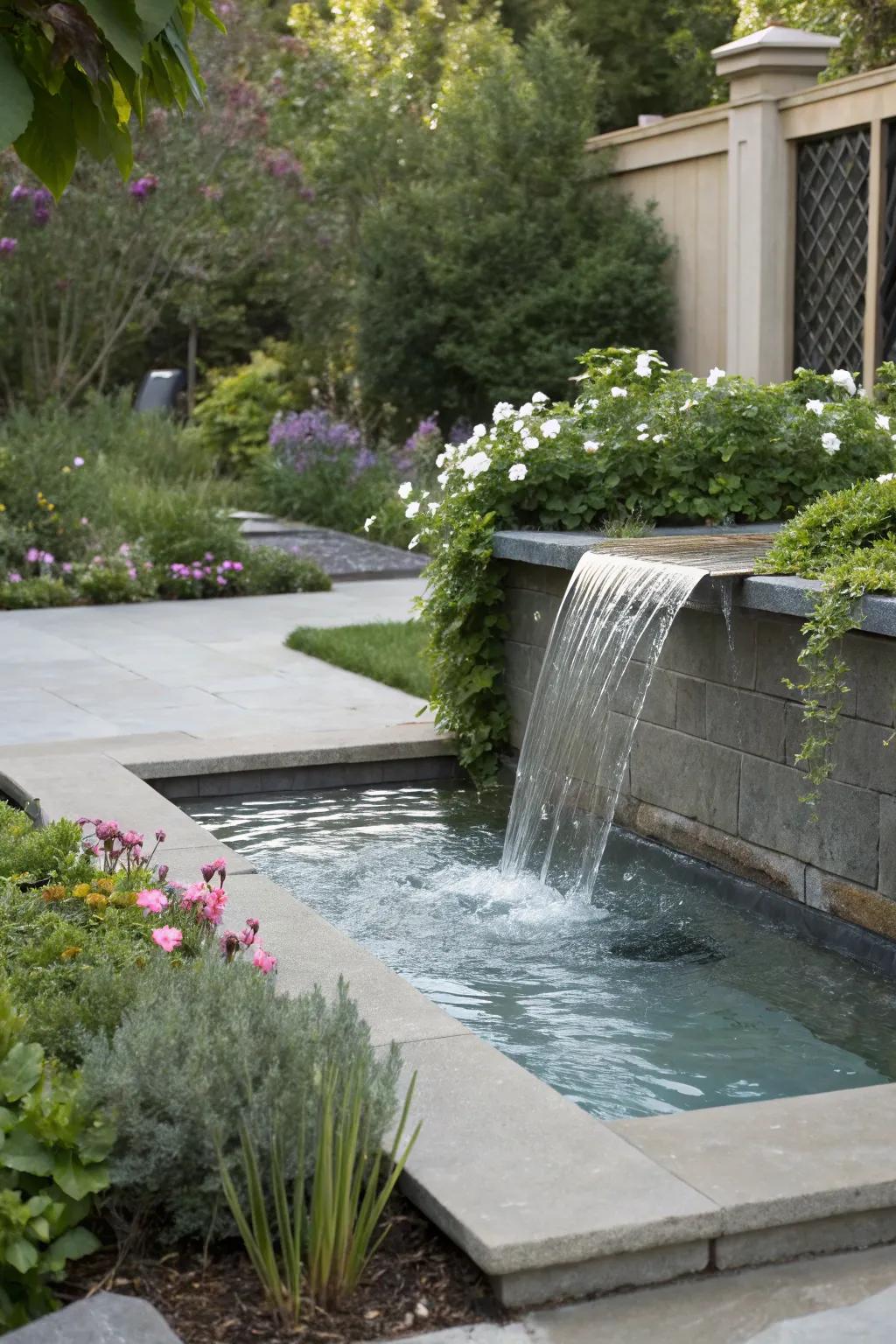 Water features not only hide pool equipment but also enhance the garden's ambiance.