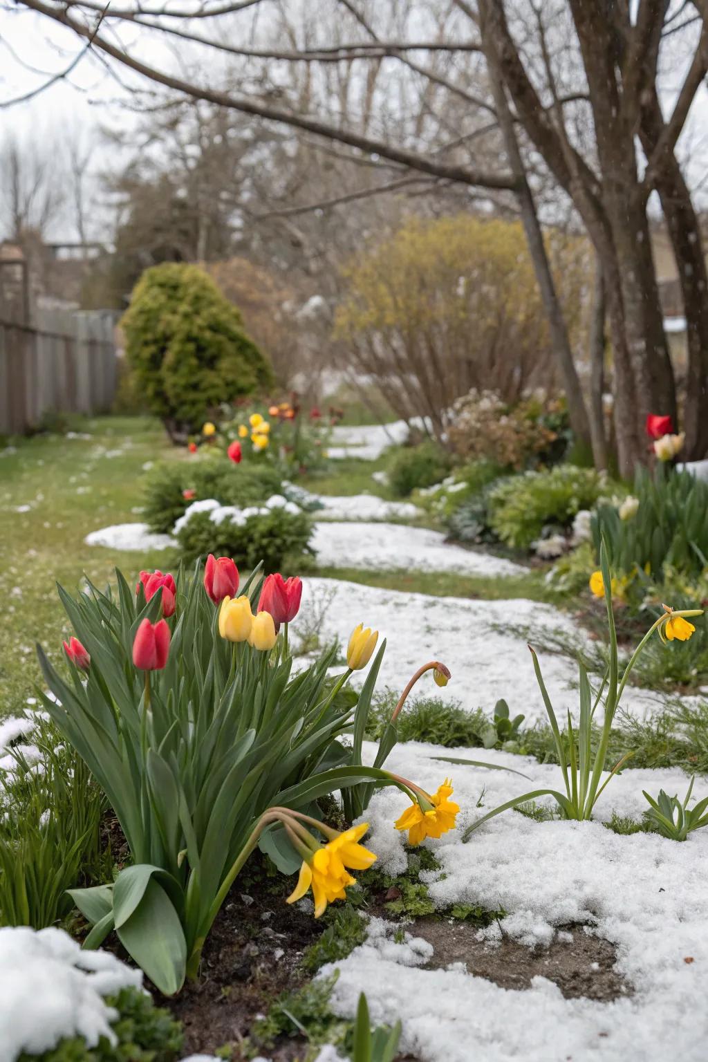 Tulips and daffodils marking the transition from winter to spring in the garden.