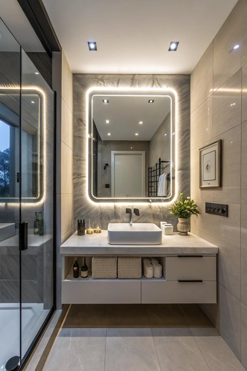 A futuristic bathroom design featuring a smart LED mirror with advanced features.