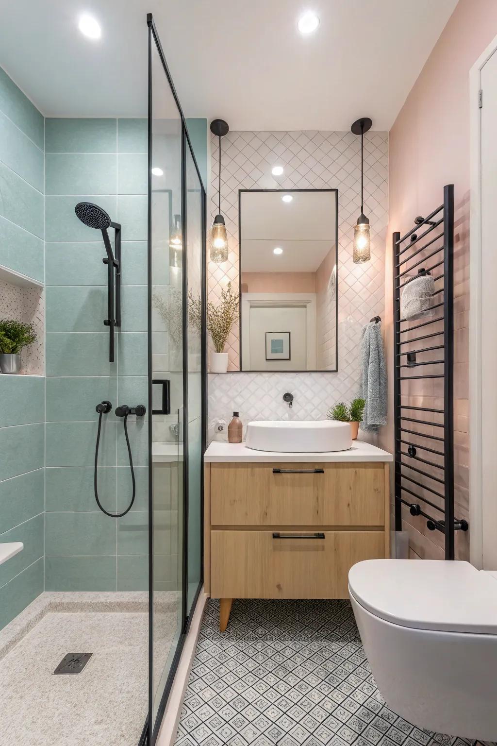 Tinted shower screen adds depth to a compact bathroom.