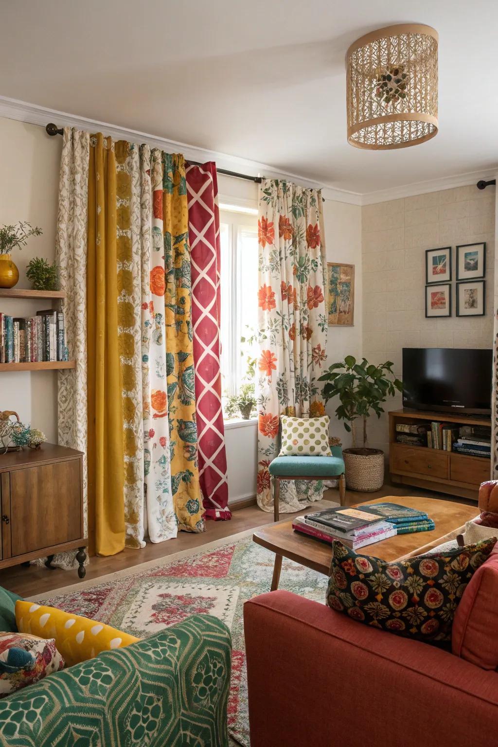 Mixing patterns in curtains can add layers of interest and personality.