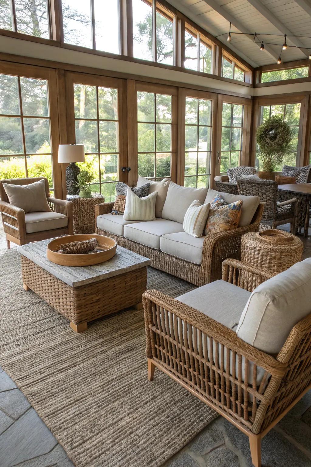 Outdoor-inspired furniture creating a whimsical vibe in the living room.