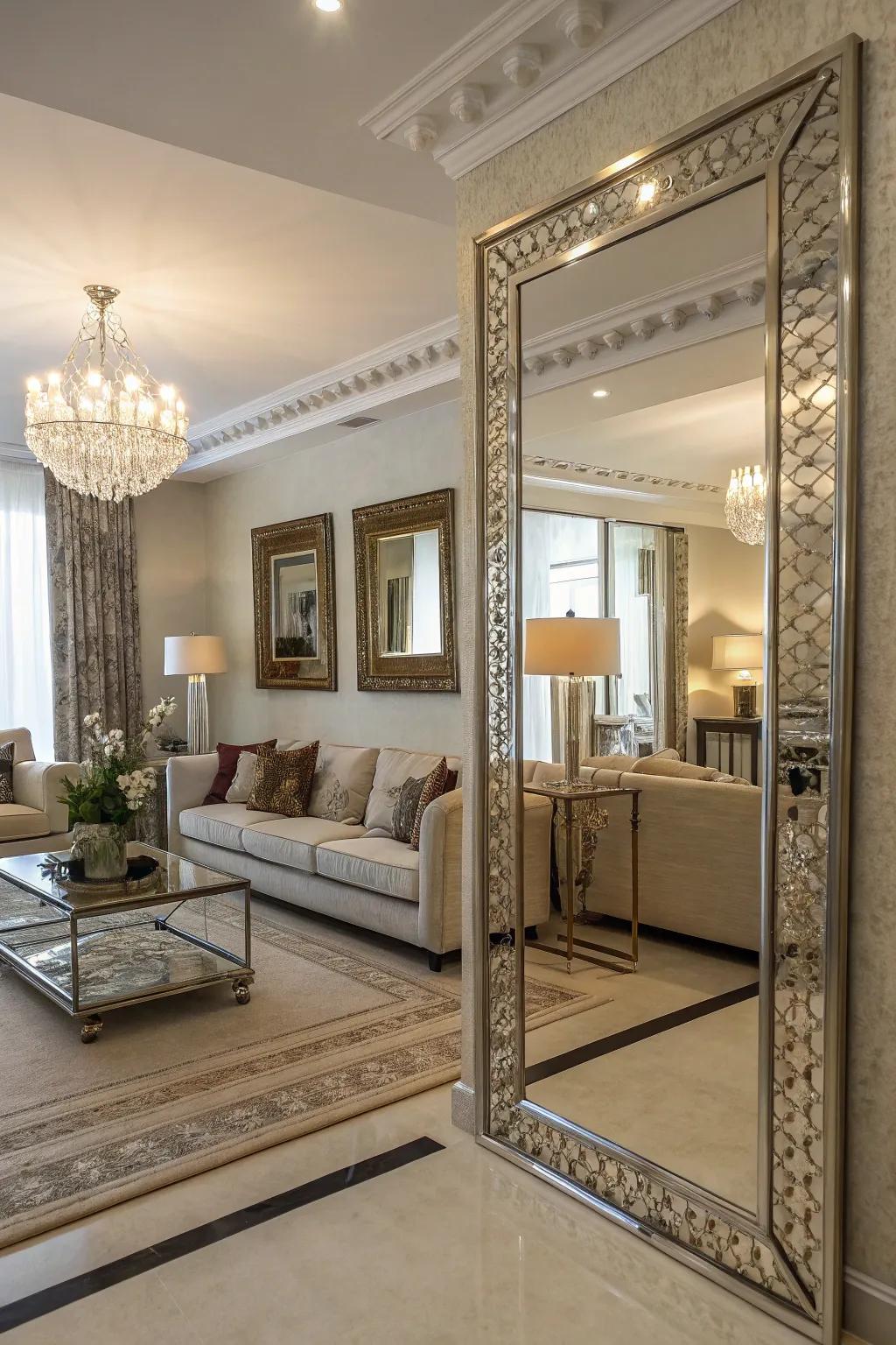 Reflective surfaces enhance the perception of space in this living room.