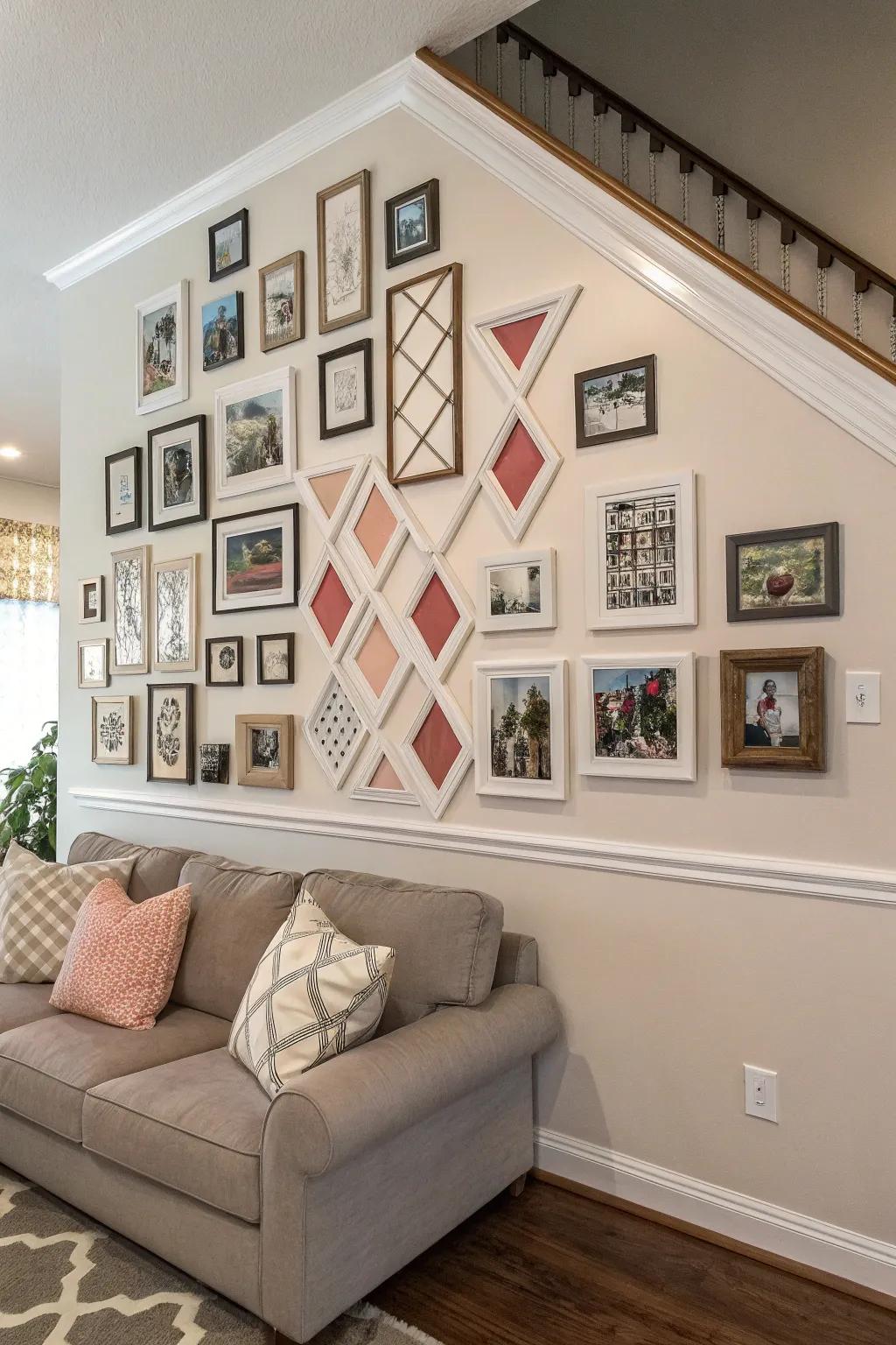 Geometric patterns create a bold statement on your photo wall.