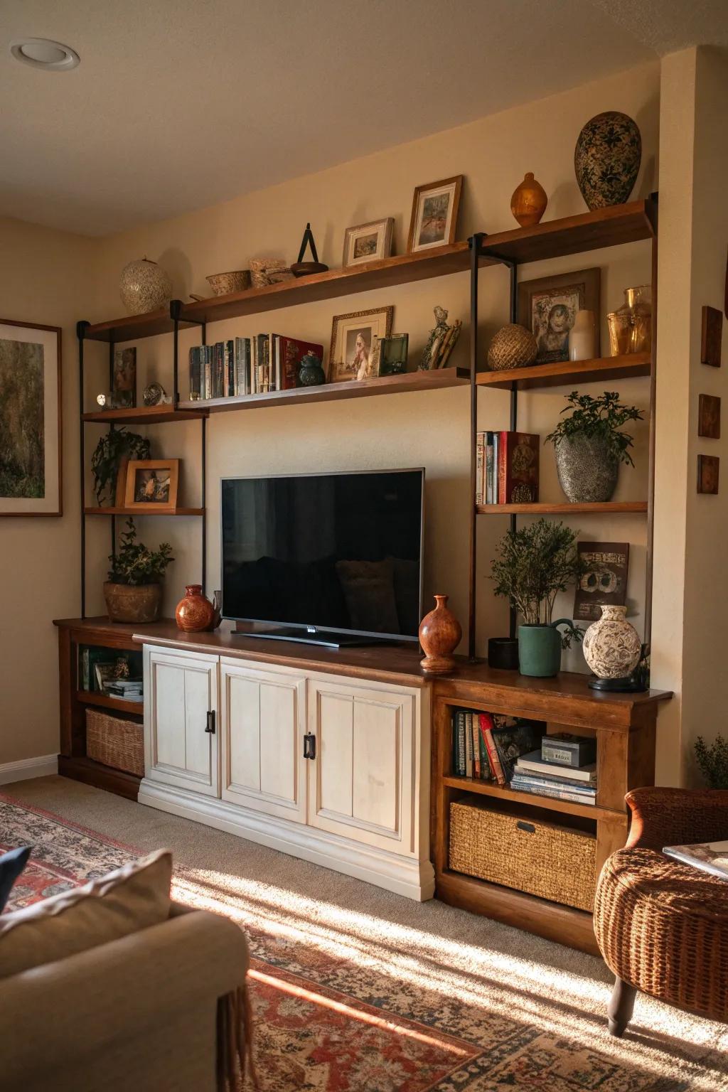 Shelves framing the TV for a seamless look.